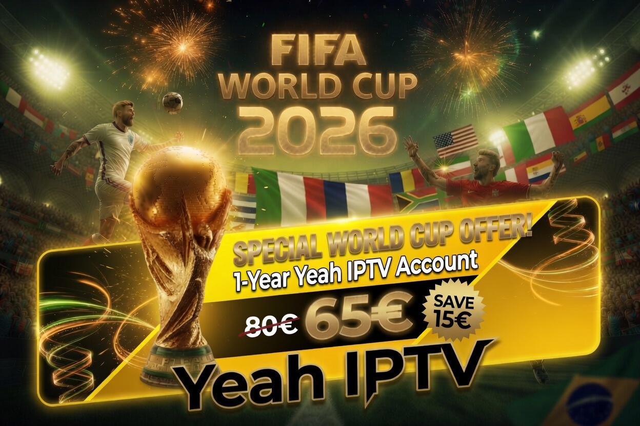 Promotional banner for FIFA World Cup 2026 with a golden trophy, players, fireworks, and a yellow offer card for IPTV subscription.